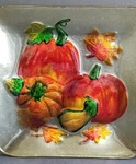 Pumpkins Fall Pair Fused Glass Plate Rare Square Shape Bright Colors Sun Catcher. Fixed Price $34.95.